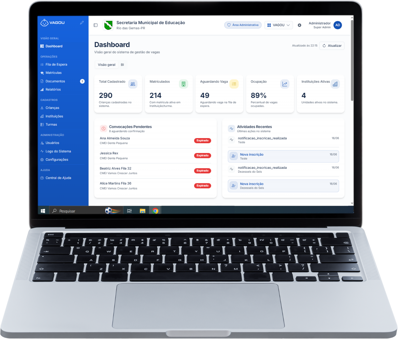 Sistema Vagou — painel de gestão no notebook